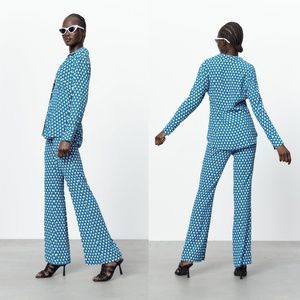 Zara Set 2 pcs  Blue Geometric Shirt Flared Leg Pants Co Ord Set Size S/M